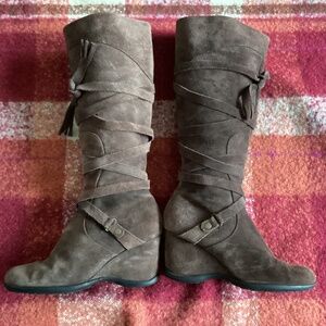 Me Too Sydney Chocolate Suede Leather Wedge Boots